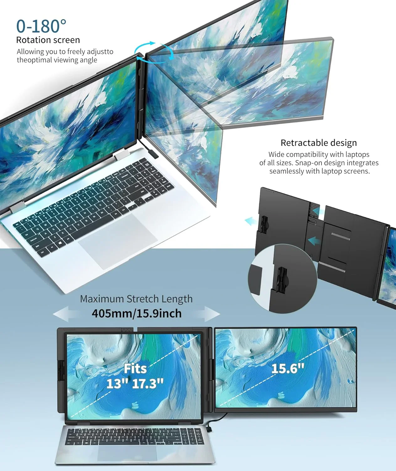 Laptop Screen Extender - 15.6" FHD 1080P Portable Monitor for Laptop, Detachable & Plug and Play Dual Laptop Monitor Extender for 13"-17.3" Laptops, Compatible with Wins/Mac/Android/Chrome - Image 7
