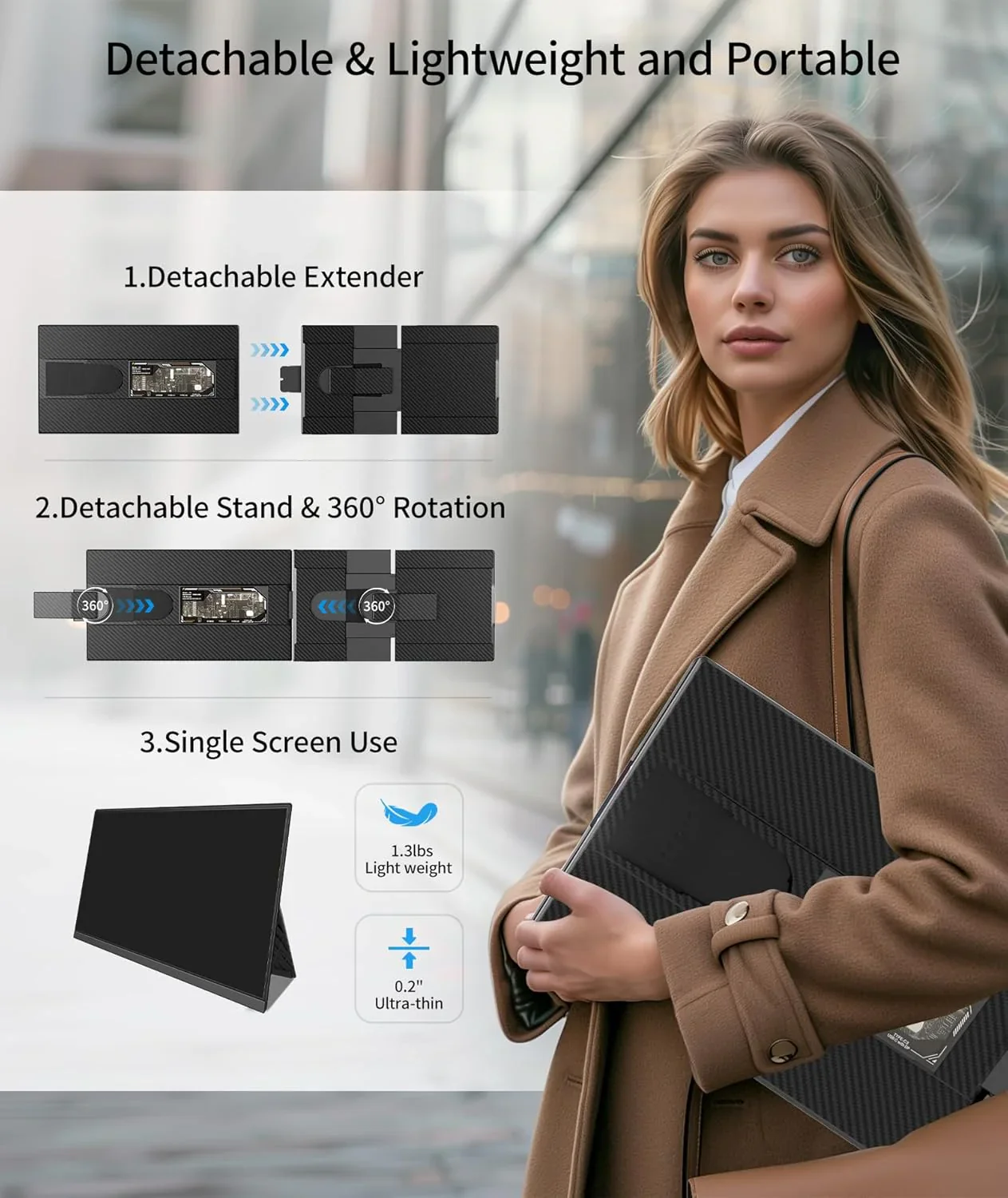 Laptop Screen Extender - 15.6" FHD 1080P Portable Monitor for Laptop, Detachable & Plug and Play Dual Laptop Monitor Extender for 13"-17.3" Laptops, Compatible with Wins/Mac/Android/Chrome - Image 6
